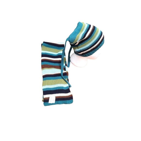 Charter Club Striped Knit Hat & Scarf Set Teal/Green/Brown One Size Acrylic/Cott - Picture 4 of 6